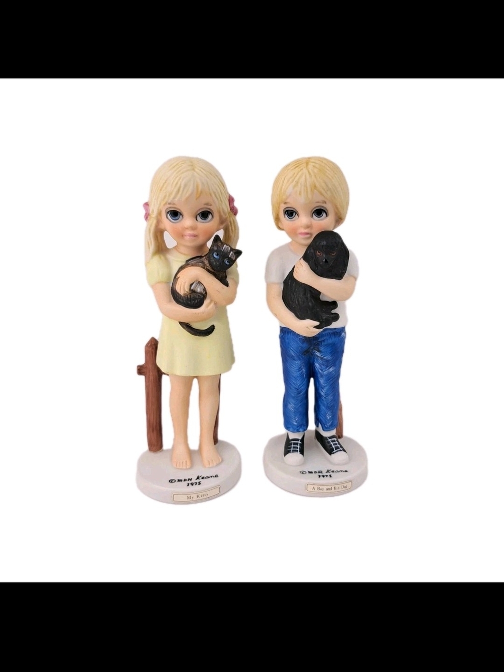 Collectible Blonde Children Figurines with Black Cats - Set of 2
